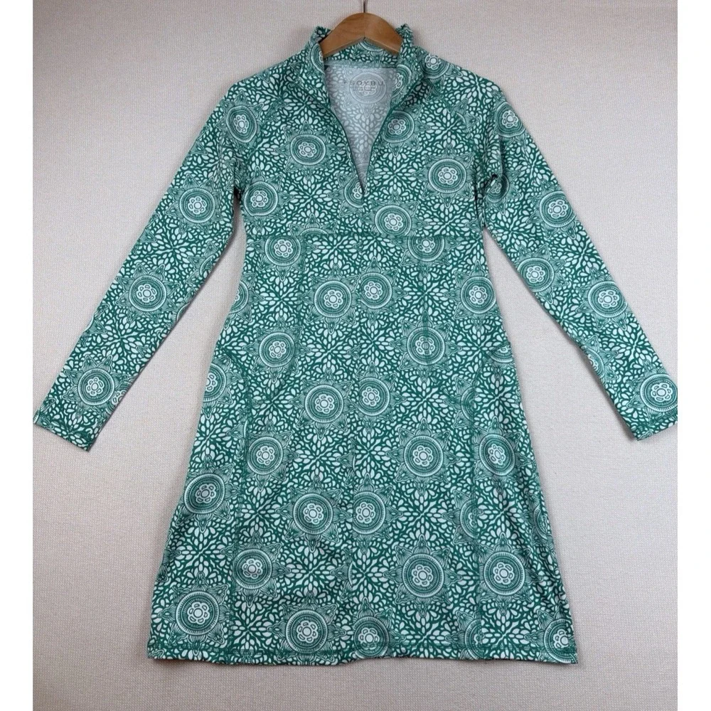 Soybu Dress Women's Size Small Green White Mock Neck Sport Quarter Zip Athletic